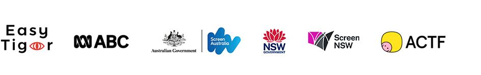 A series of logos displayed from left to right includes: Easy Tiger, ABC, the Australian Government emblem, Screen Australia, the NSW Government crest, Screen NSW, and ACTF. Each logo features distinct styles and colors, representing various organizations related to media and film production in Australia.