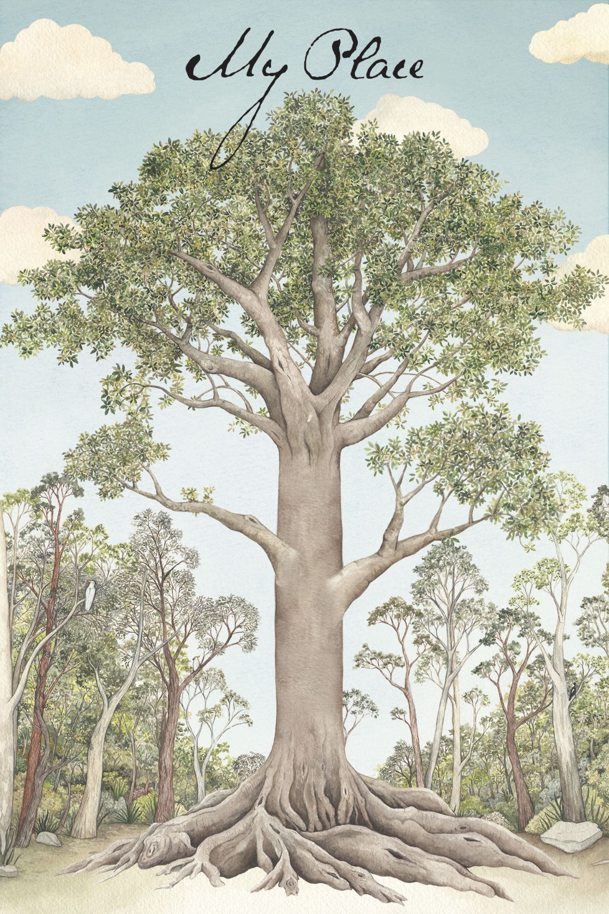 A large, intricately drawn tree dominates the scene, with a sturdy trunk and extensive roots. Surrounding it are various smaller trees and greenery, set against a light blue sky with soft clouds. The words "My Place" are elegantly written at the top.