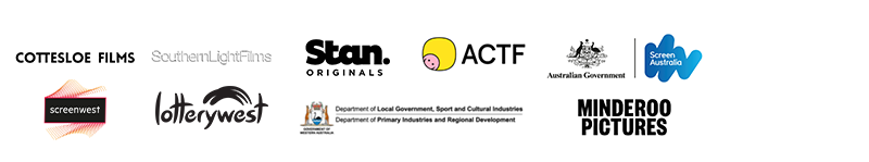 A series of logos from various organizations, including Cottesloe Films, Southern Light Films, Stan Originals, ACTF, Australian Government, Screen Australia, Lotterywest, Screenwest, and Minderoo Pictures, displayed in a horizontal arrangement. Each logo is distinct, showcasing the brands and their associated identity.